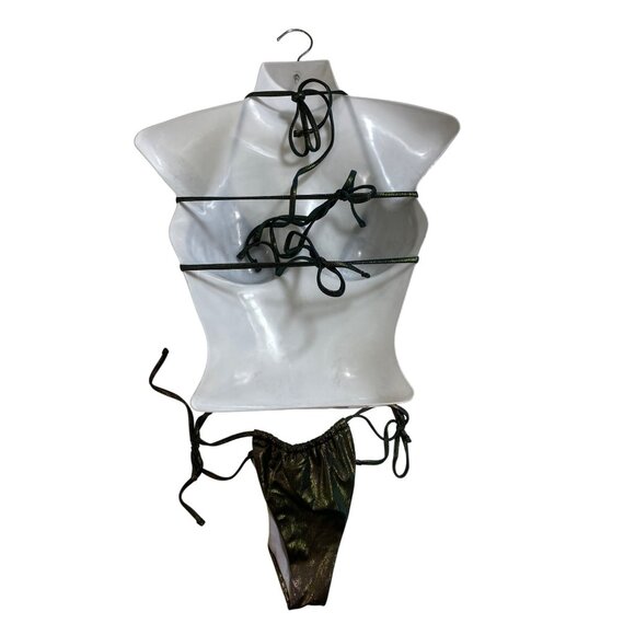 Metallic Green Black String Bikini Set With Halter Tie-Top Large Sexy Stripper - Picture 2 of 3